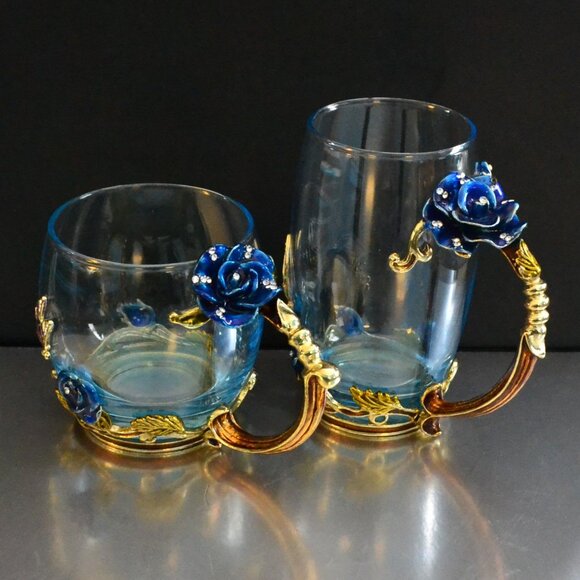 Arc Of France Clear Glass Mugs With Enamel Details Decorative Glassware - Picture 2 of 8